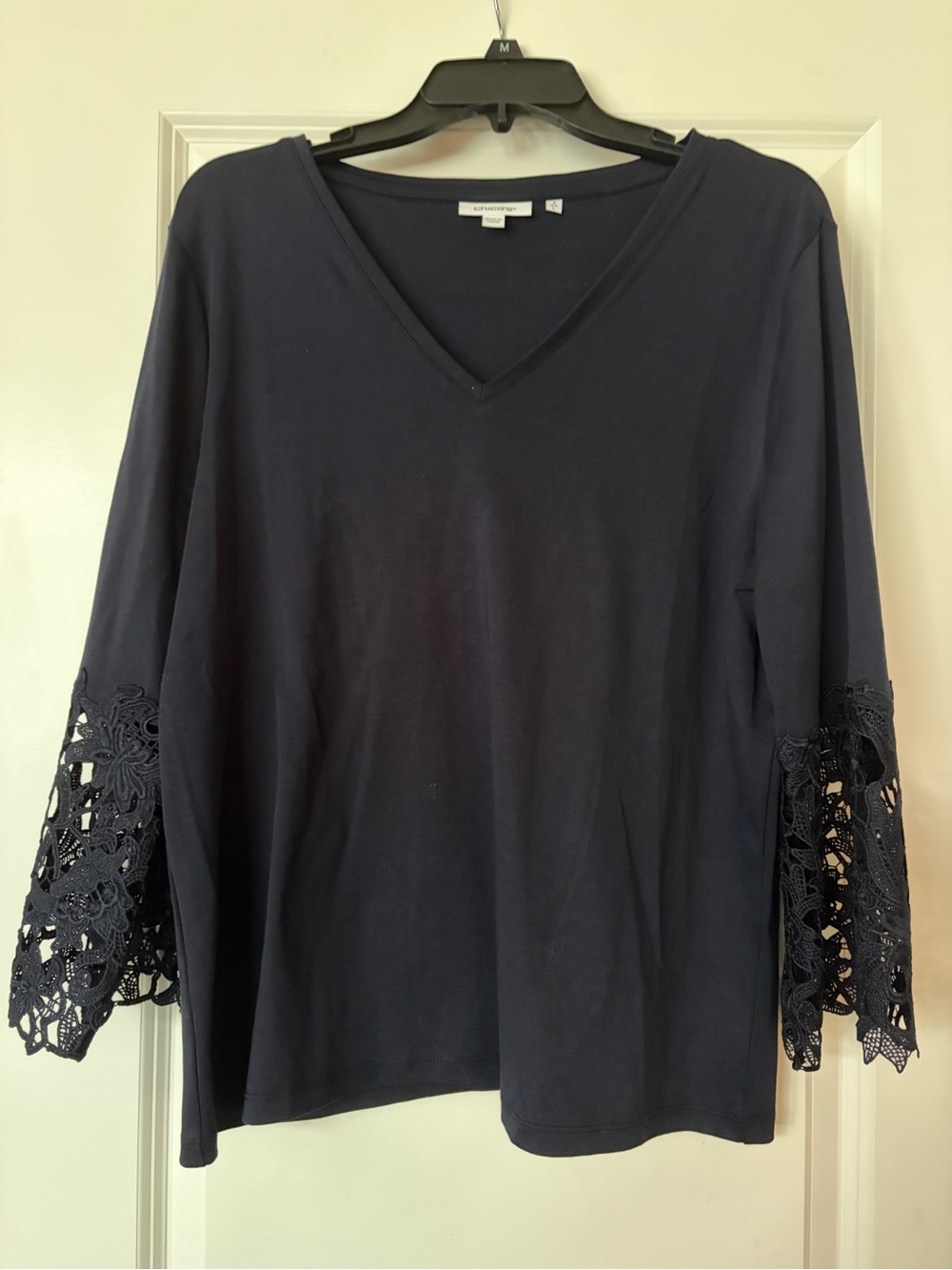 Chico's Navy V-Neck Top with Crochet Bell Sleeves